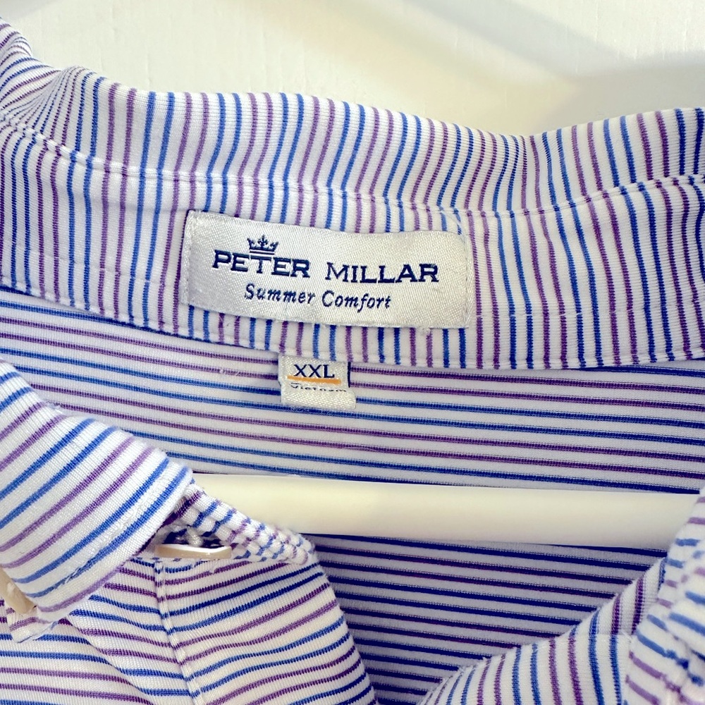 Peter Millar XXL Summer Comfort performance polo. Blue and maroon stripe.